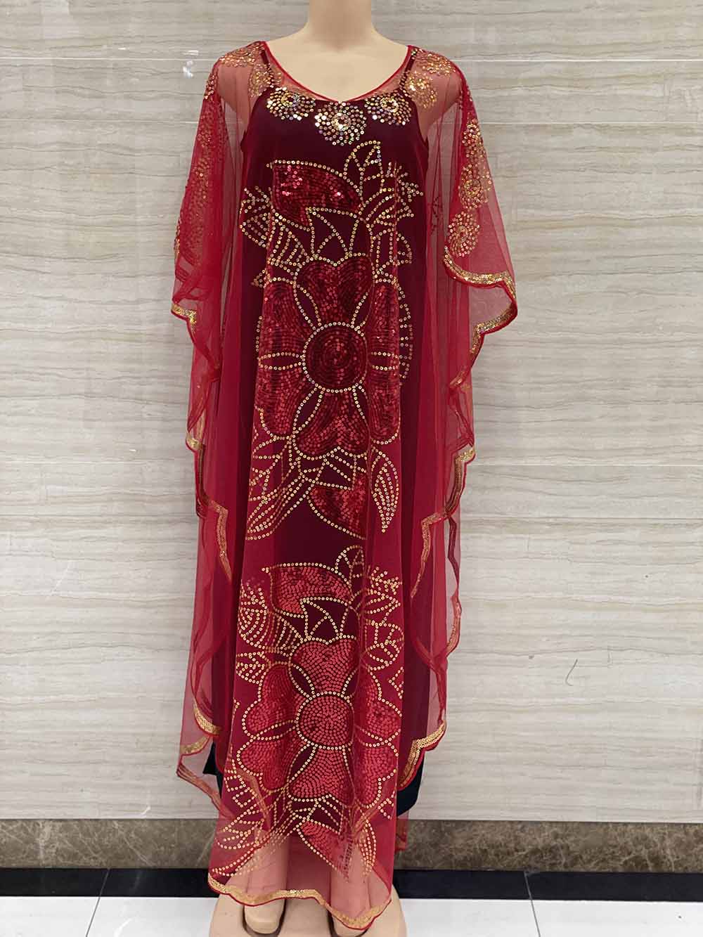 New Style African Women's Clothing Dashiki Abaya Fashion Gauze Fabric Sequins Bat Sleeve Loose Dress Free Size Single Piece
