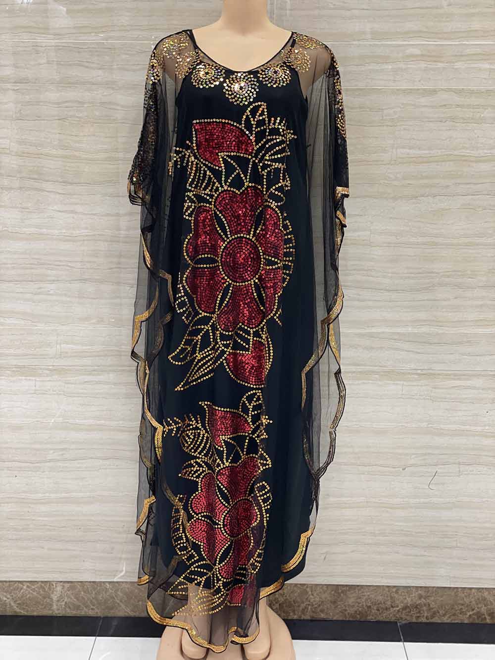 New Style African Women's Clothing Dashiki Abaya Fashion Gauze Fabric Sequins Bat Sleeve Loose Dress Free Size Single Piece