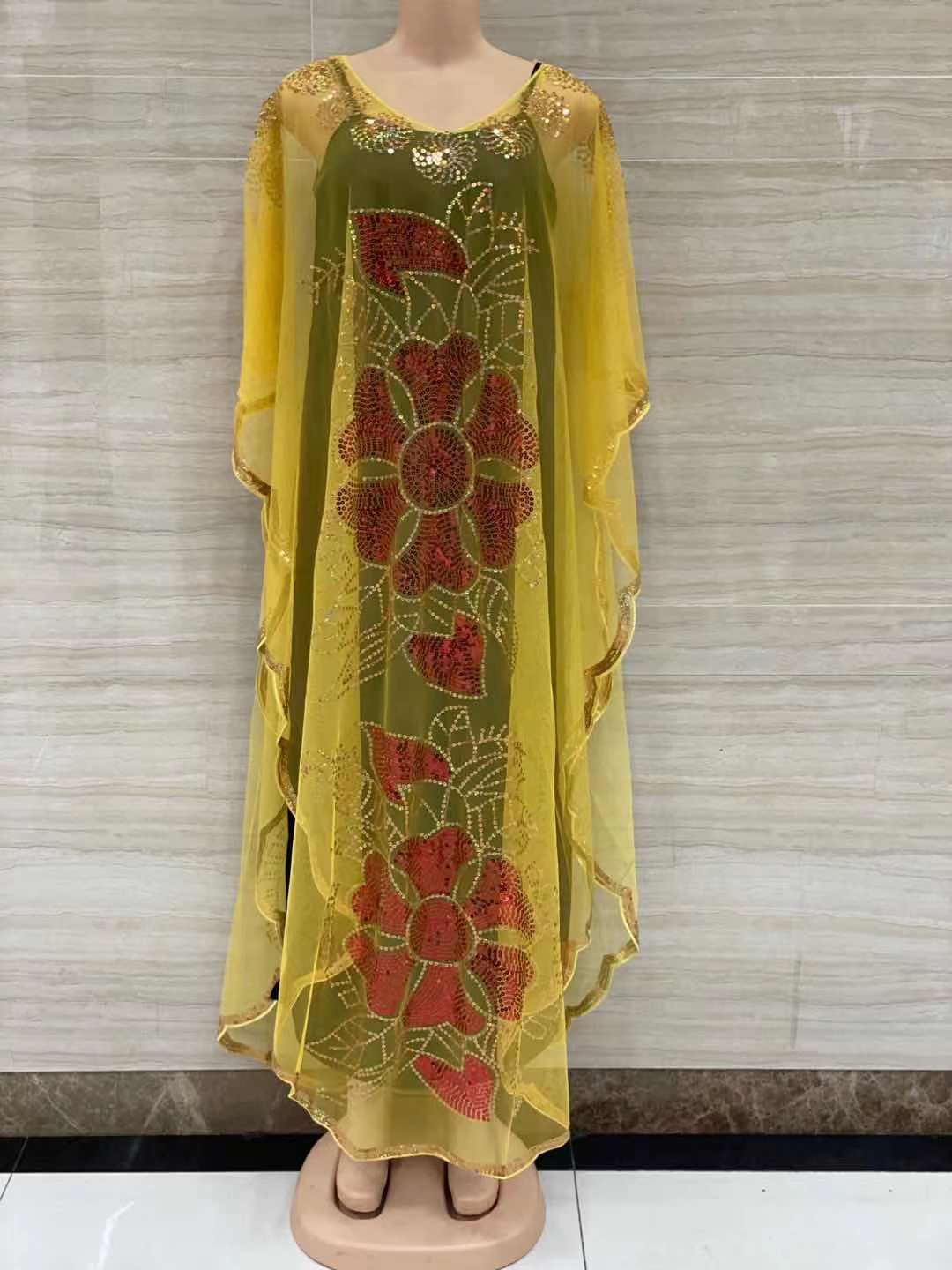 New Style African Women's Clothing Dashiki Abaya Fashion Gauze Fabric Sequins Bat Sleeve Loose Dress Free Size Single Piece