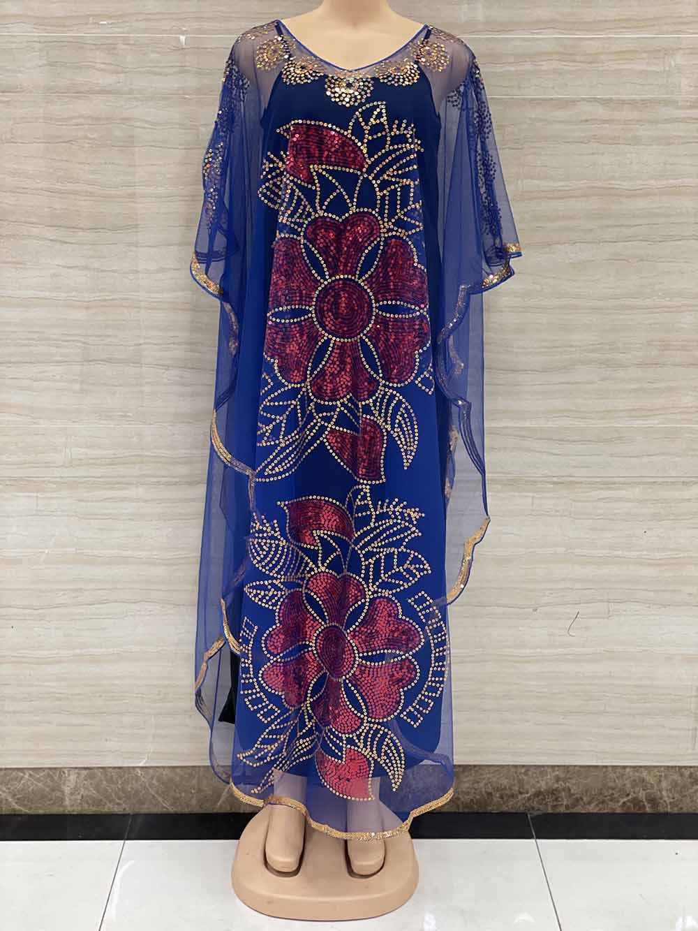 New Style African Women's Clothing Dashiki Abaya Fashion Gauze Fabric Sequins Bat Sleeve Loose Dress Free Size Single Piece