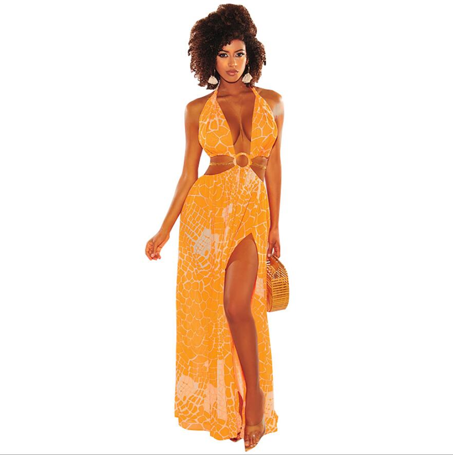 New Bohemian Beach Dress for Women Halter Deep V Neckline Print Party Gowns Side Split Sexy Vacation Dress