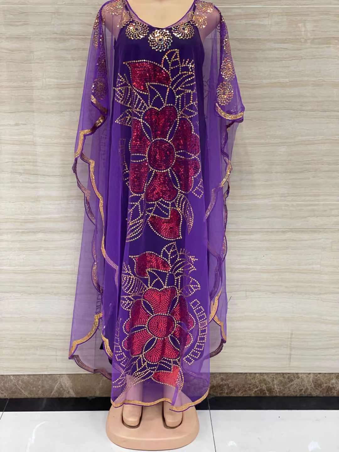 New Style African Women's Clothing Dashiki Abaya Fashion Gauze Fabric Sequins Bat Sleeve Loose Dress Free Size Single Piece