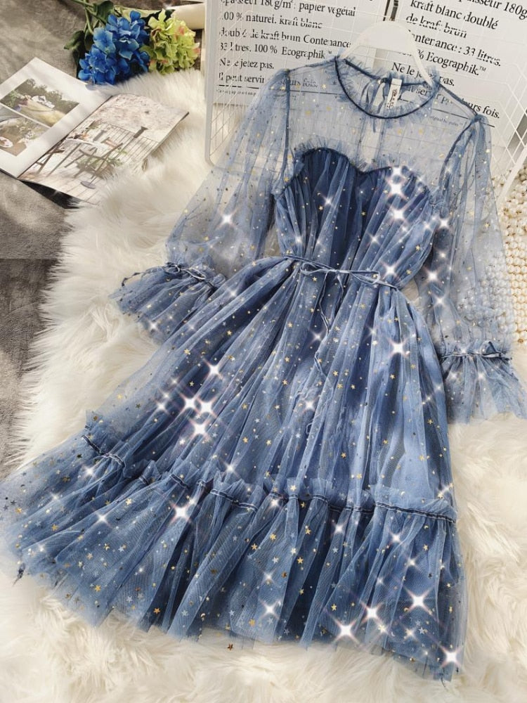 New Female O-neck Stars Sequined Mesh Shiny Fairy Dress Women Elegant Bling Gauze Princess Puff Dresses Vestidos De Fiesta