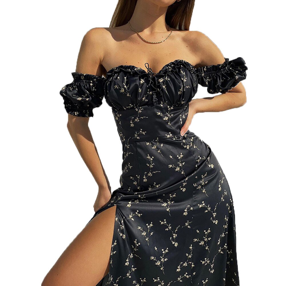 New In Summer Black Sexy Off-the-shoulder Floral Dress Side Slit High Waist Slim Dresses Women's Vestido Feminino