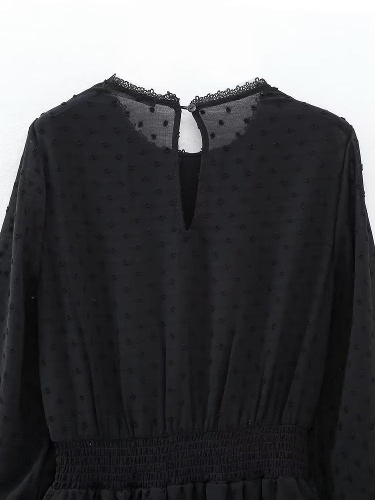 New Spring Women Ruffled Dotted Black Dress Long Sleeve Elastic Waist Female Vintage Dresses Short Vestidos