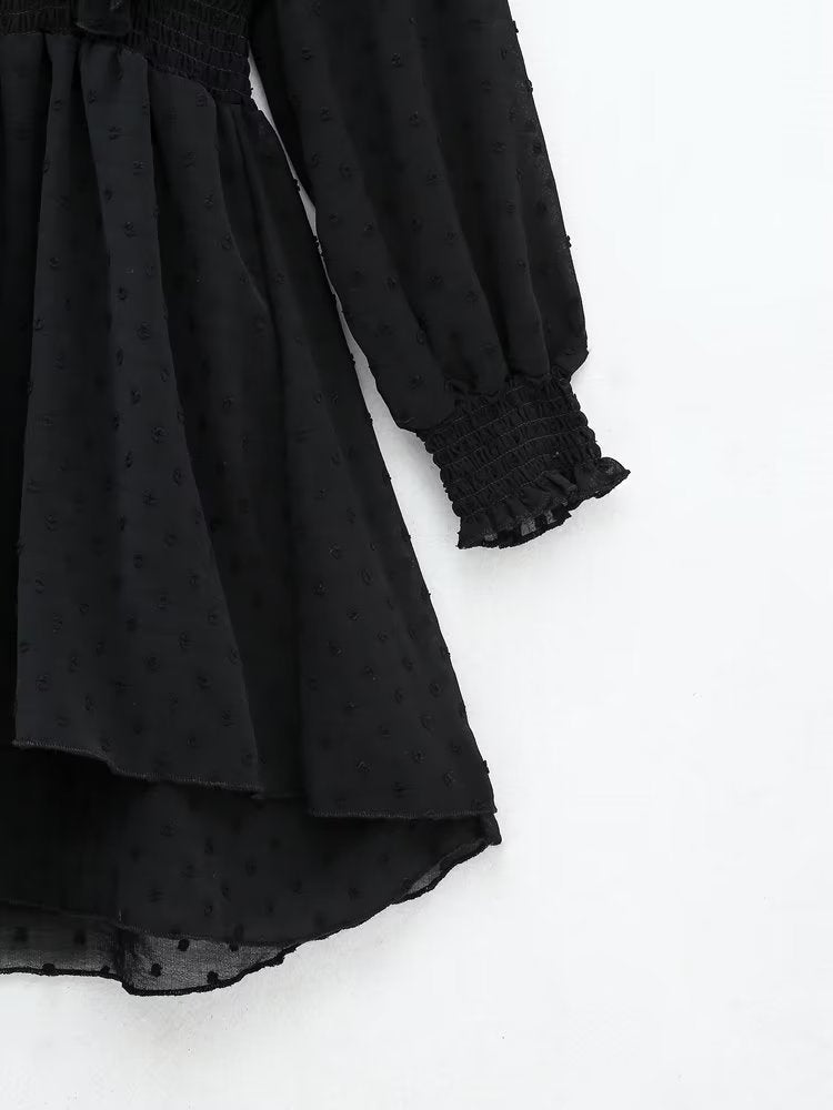 New Spring Women Ruffled Dotted Black Dress Long Sleeve Elastic Waist Female Vintage Dresses Short Vestidos