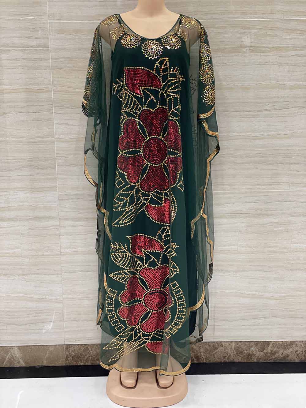New Style African Women's Clothing Dashiki Abaya Fashion Gauze Fabric Sequins Bat Sleeve Loose Dress Free Size Single Piece
