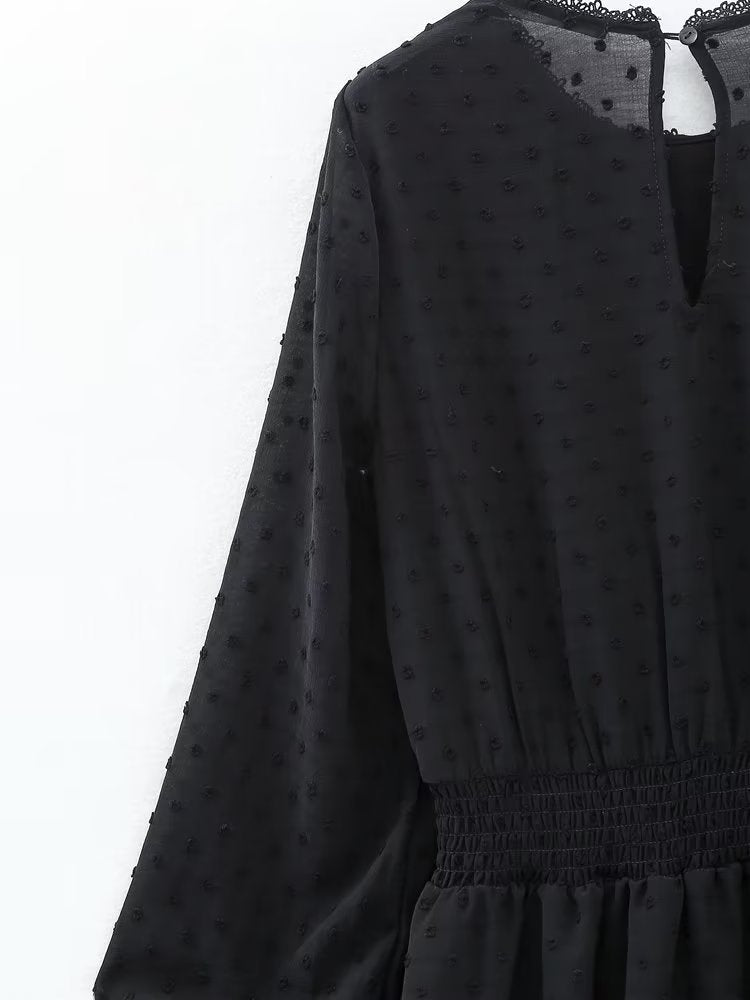 New Spring Women Ruffled Dotted Black Dress Long Sleeve Elastic Waist Female Vintage Dresses Short Vestidos