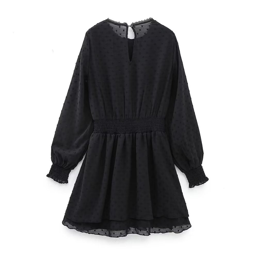 New Spring Women Ruffled Dotted Black Dress Long Sleeve Elastic Waist Female Vintage Dresses Short Vestidos