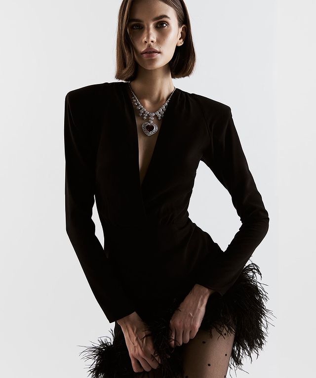 New Long Sleeve Bandage Set Dress Women's High Quality Club Party Casual Sexy Feather V collar