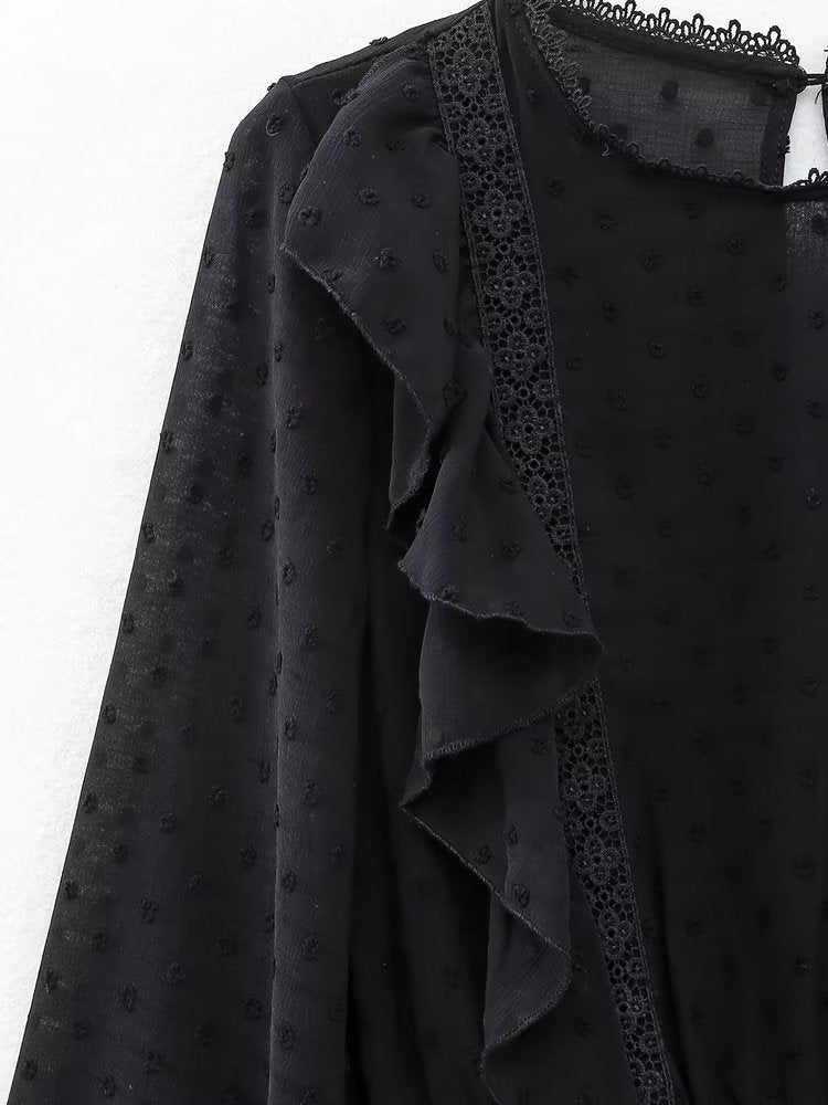 New Spring Women Ruffled Dotted Black Dress Long Sleeve Elastic Waist Female Vintage Dresses Short Vestidos