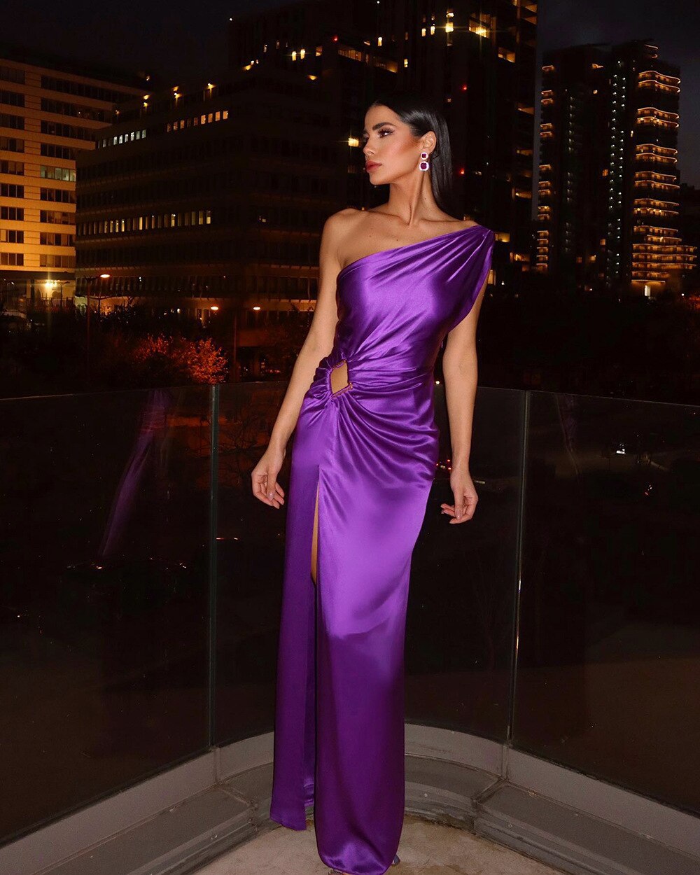 New Ladies Purple One Shoulder Sexy Skinny Draped Sleeveless Sequin Cutout High Slit Long Celebrity Party Dress