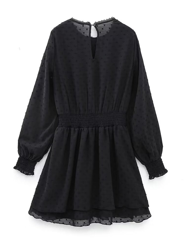 New Spring Women Ruffled Dotted Black Dress Long Sleeve Elastic Waist Female Vintage Dresses Short Vestidos