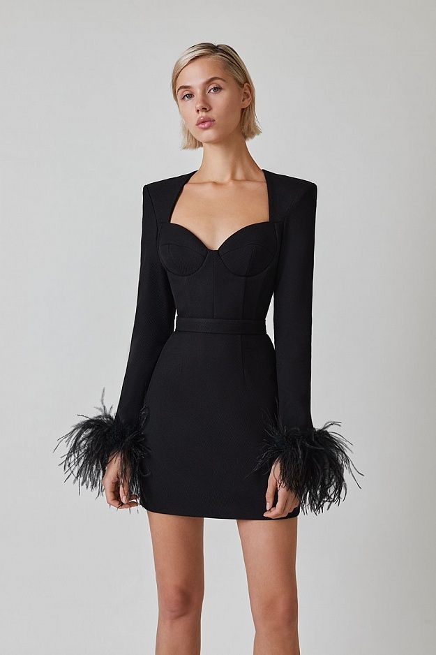 New Long Sleeve Bandage Set Dress Women's High Quality Club Party Casual Sexy Feather V collar