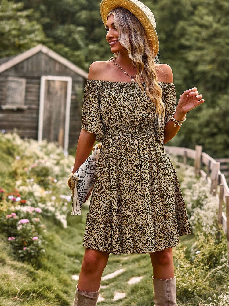 New In Spring/Summer 2023 Designer Shoulder Dress Leopard Print A-line Skirt Casual Sexy Dress for Women Beach Vintage Dress