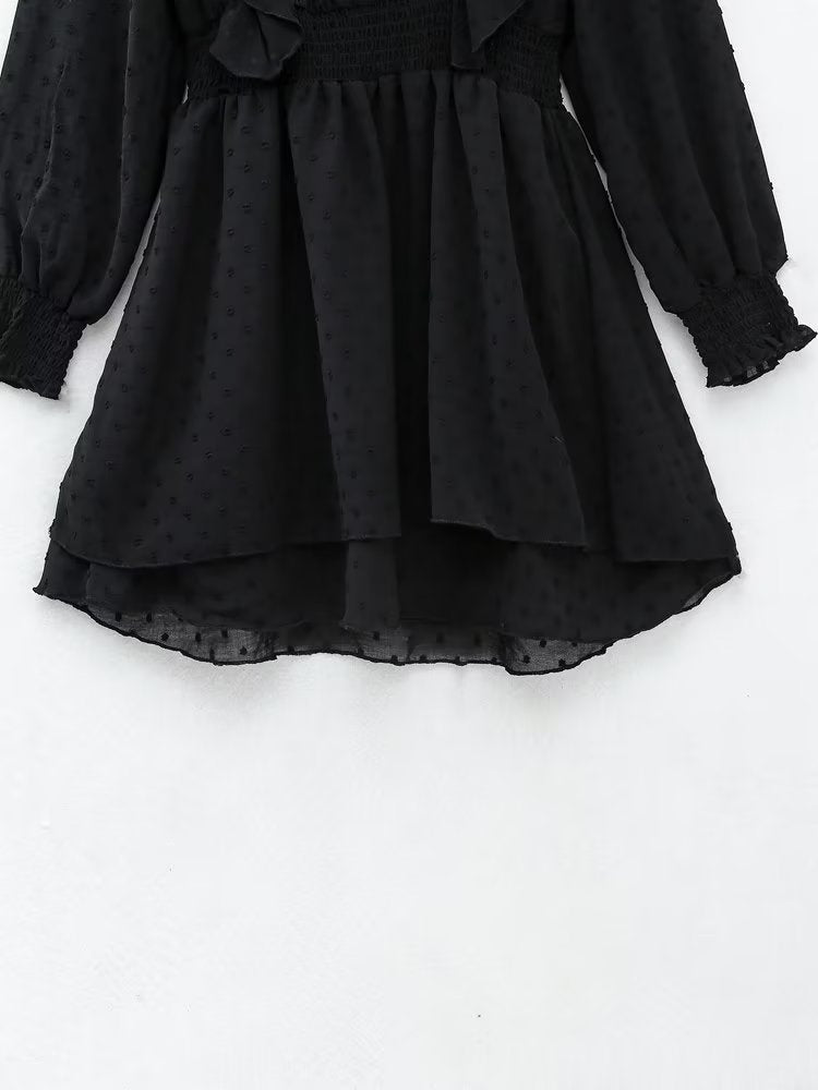 New Spring Women Ruffled Dotted Black Dress Long Sleeve Elastic Waist Female Vintage Dresses Short Vestidos