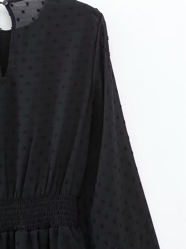 New Spring Women Ruffled Dotted Black Dress Long Sleeve Elastic Waist Female Vintage Dresses Short Vestidos