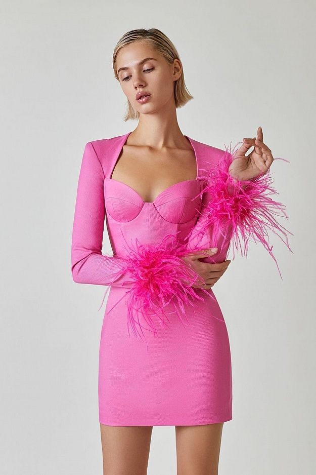 New Long Sleeve Bandage Set Dress Women's High Quality Club Party Casual Sexy Feather V collar