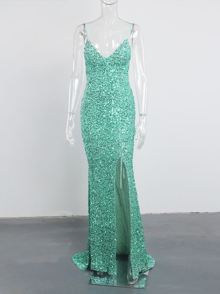 New Royal Blue Sequin Backless Slip Mermaid Long Party Dresses Luxury V Neck Velvet Stretch Slit Sleeveless Cocktail Prom