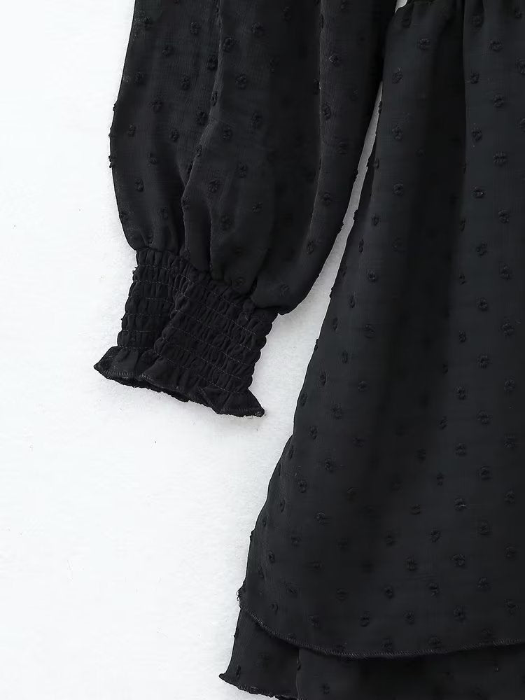 New Spring Women Ruffled Dotted Black Dress Long Sleeve Elastic Waist Female Vintage Dresses Short Vestidos