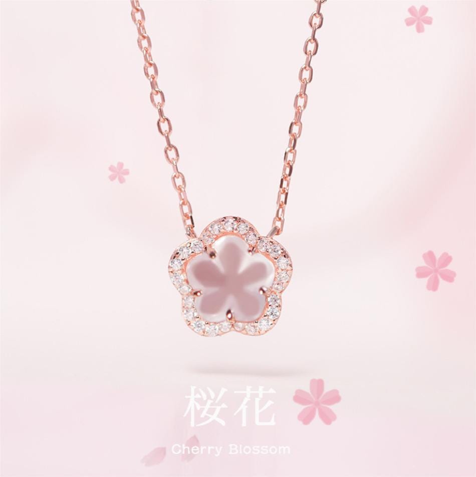 Dainty CZ Inlaid Pink Cherry Blossom Necklace