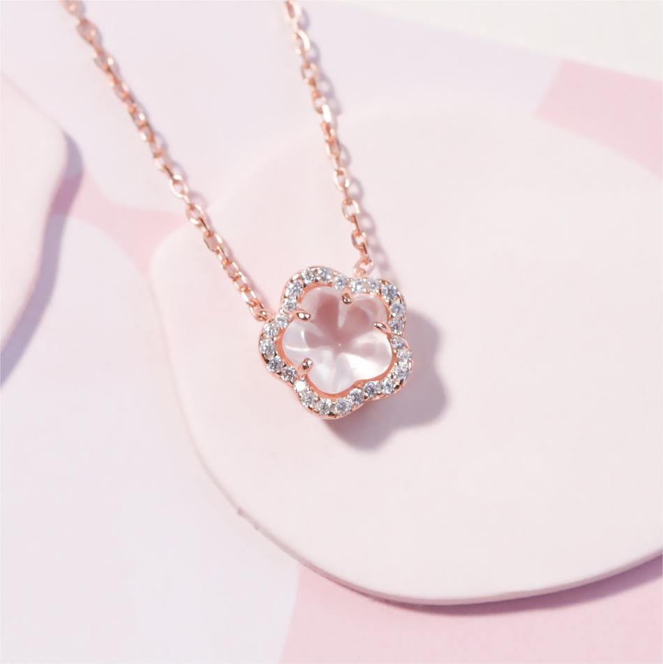 Dainty CZ Inlaid Pink Cherry Blossom Necklace