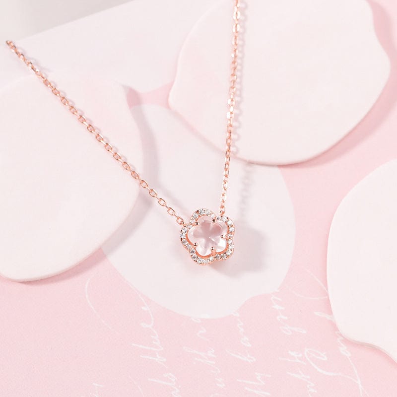 Dainty CZ Inlaid Pink Cherry Blossom Necklace