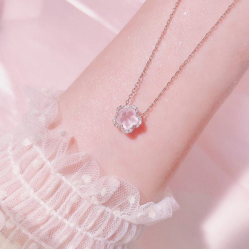 Dainty CZ Inlaid Pink Cherry Blossom Necklace