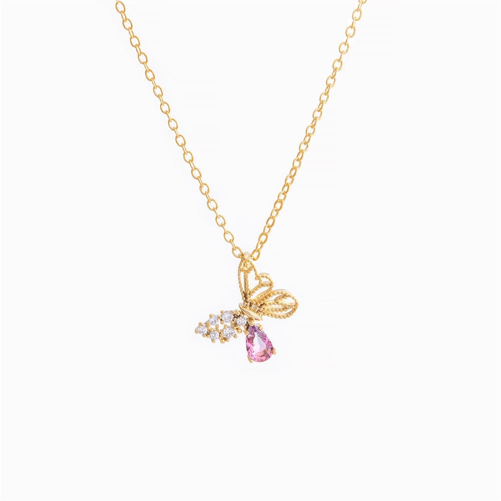 Dainty CZ Inlaid Pink Crystal Hollowed-out Butterfly Necklace