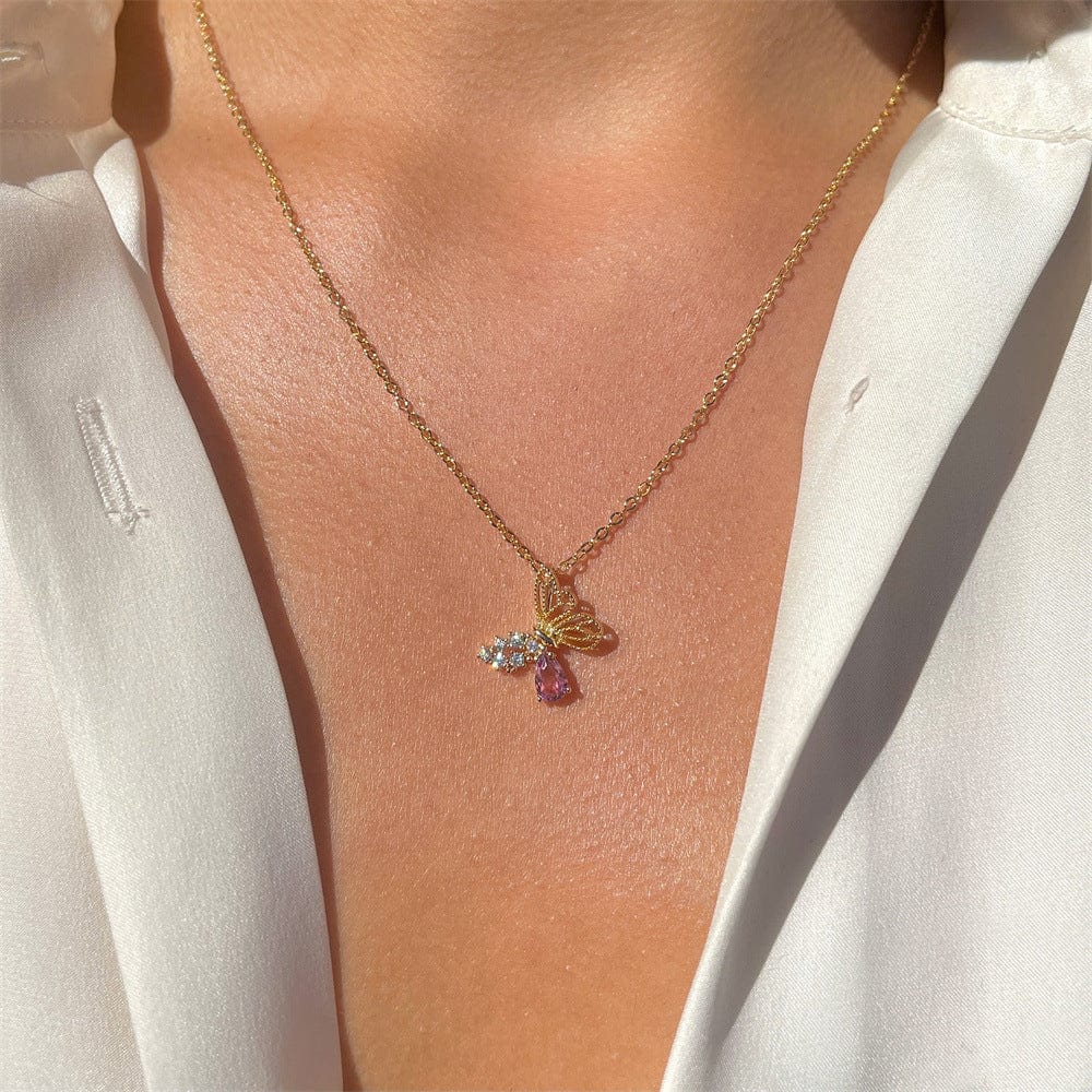 Dainty CZ Inlaid Pink Crystal Hollowed-out Butterfly Necklace