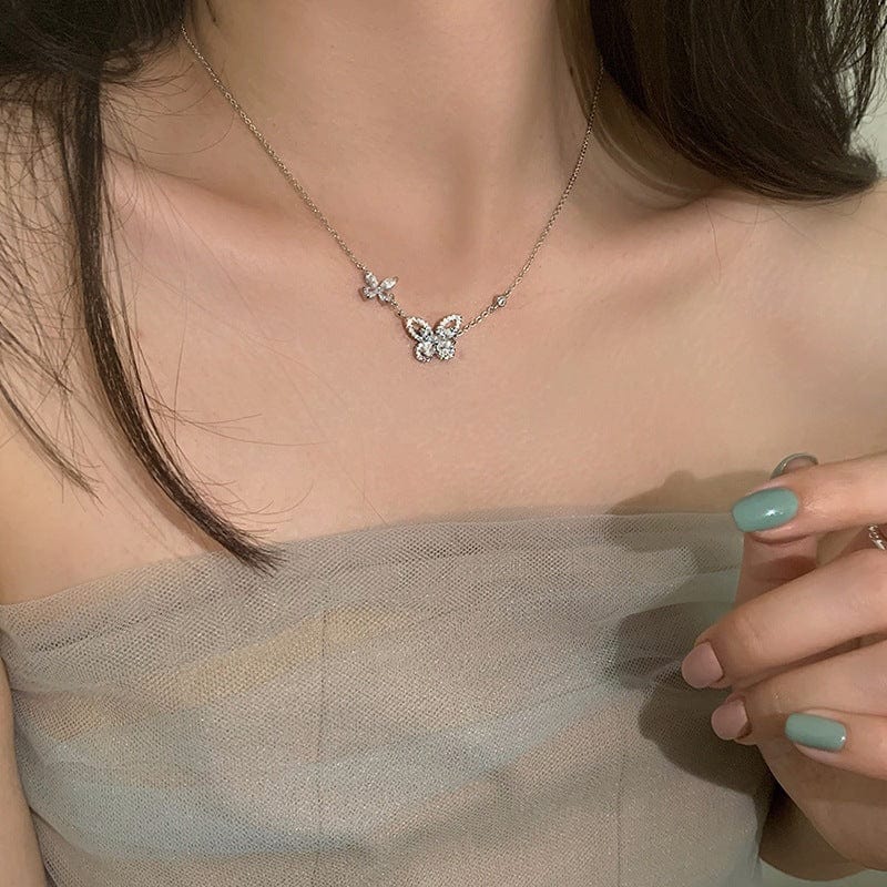 Dainty CZ Inlaid S925 Sterling Silver Duo Butterfly Necklace