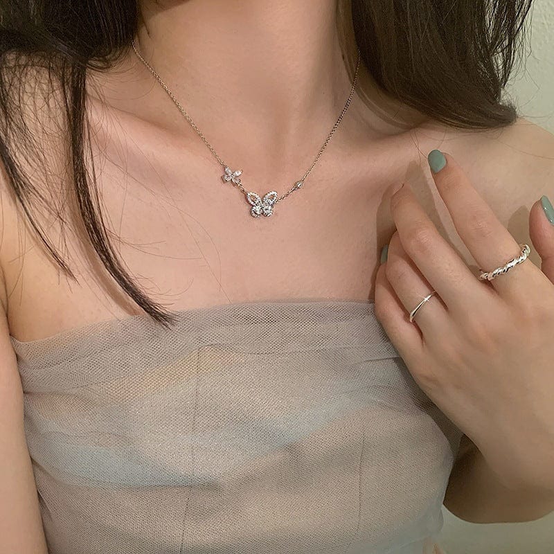 Dainty CZ Inlaid S925 Sterling Silver Duo Butterfly Necklace