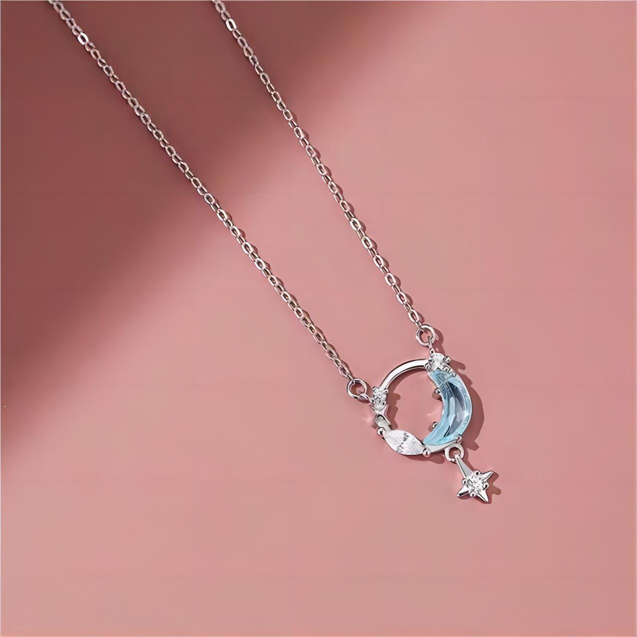 Dainty CZ Inlaid Turquoise Moon Phase Star Necklace