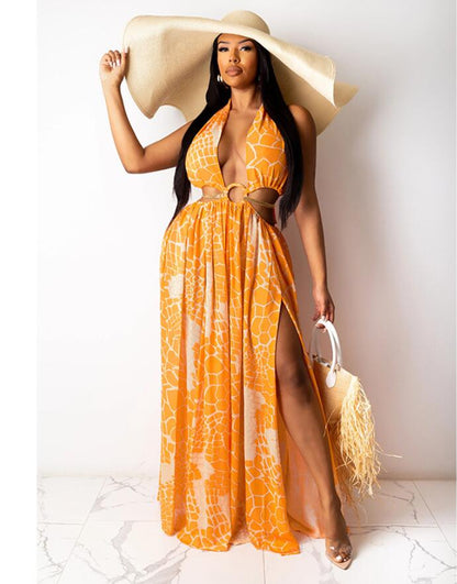 New Bohemian Beach Dress for Women Halter Deep V Neckline Print Party Gowns Side Split Sexy Vacation Dress