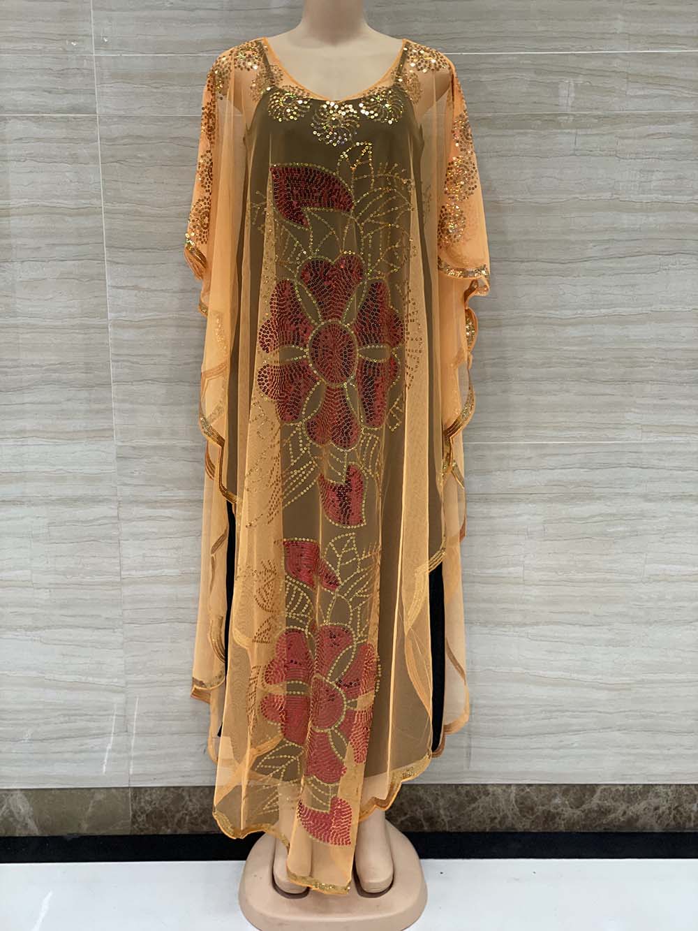 New Style African Women&#39;s Clothing Dashiki Abaya Fashion Gauze Fabric Sequins Bat Sleeve Loose Dress Free Size  Single Piece