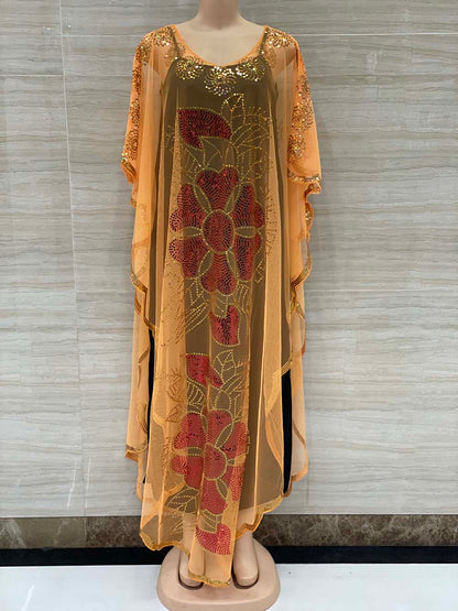 New Style African Women&#39;s Clothing Dashiki Abaya Fashion Gauze Fabric Sequins Bat Sleeve Loose Dress Free Size  Single Piece