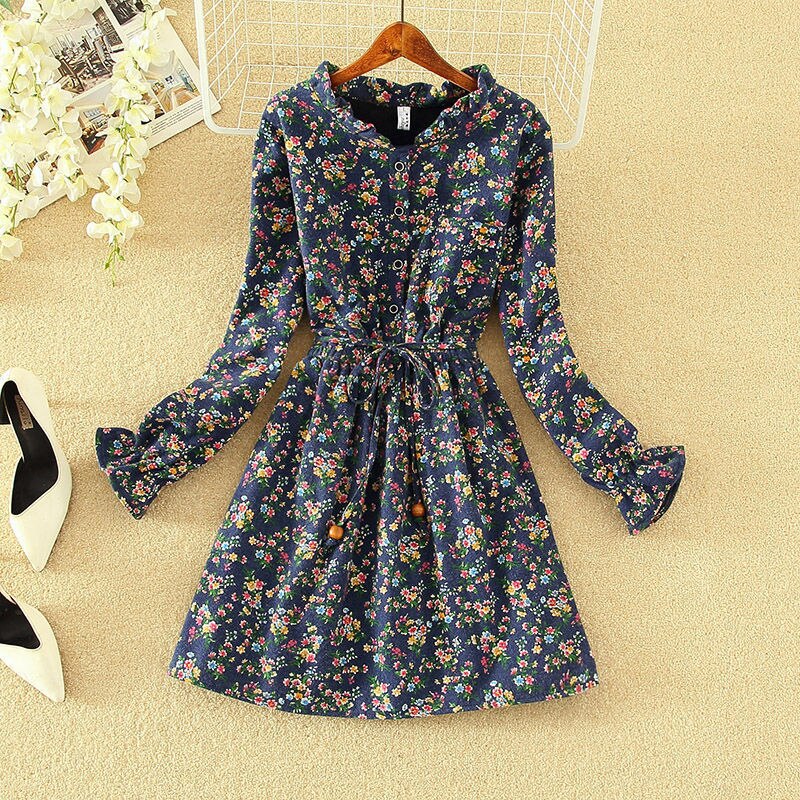 New Spring Autumn Women Dress Velvet Floral Dress Long Sleeve Female Elastic Waist Shirt Dresses Party Vestidos Femme