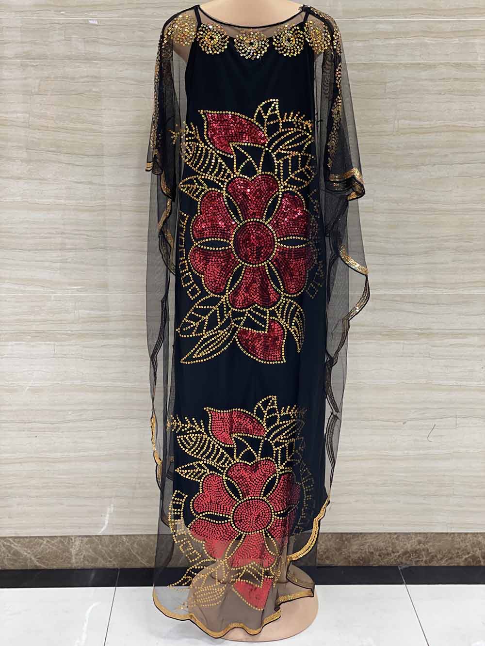 New Style African Women&#39;s Clothing Dashiki Abaya Fashion Gauze Fabric Sequins Bat Sleeve Loose Dress Free Size  Single Piece