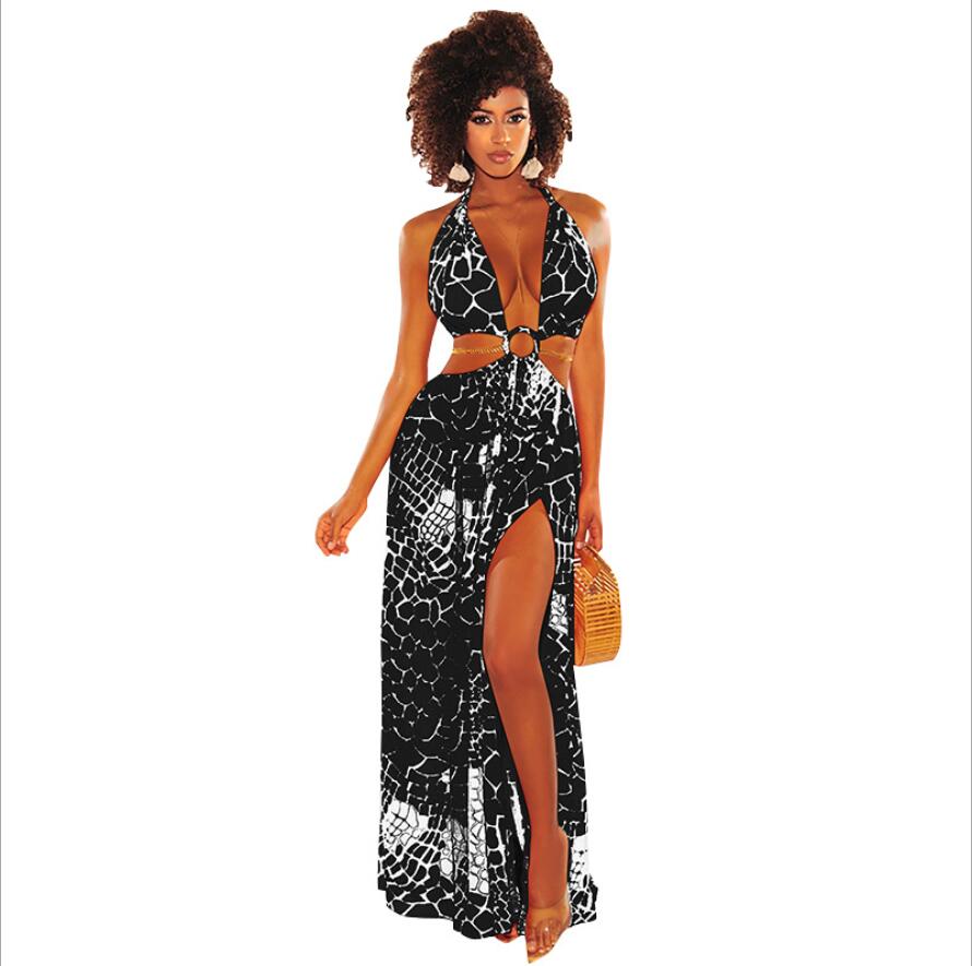 New Bohemian Beach Dress for Women Halter Deep V Neckline Print Party Gowns Side Split Sexy Vacation Dress