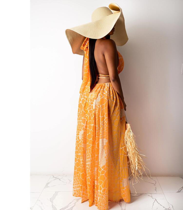 New Bohemian Beach Dress for Women Halter Deep V Neckline Print Party Gowns Side Split Sexy Vacation Dress