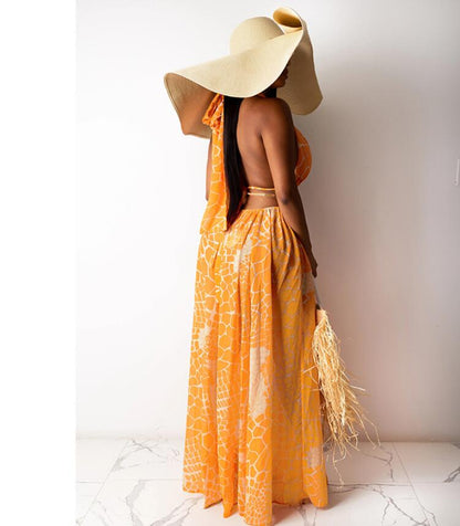 New Bohemian Beach Dress for Women Halter Deep V Neckline Print Party Gowns Side Split Sexy Vacation Dress
