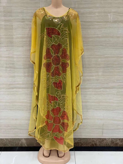 New Style African Women&#39;s Clothing Dashiki Abaya Fashion Gauze Fabric Sequins Bat Sleeve Loose Dress Free Size  Single Piece