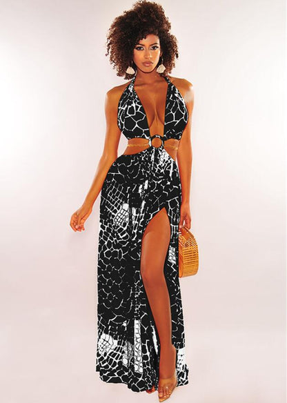 New Bohemian Beach Dress for Women Halter Deep V Neckline Print Party Gowns Side Split Sexy Vacation Dress
