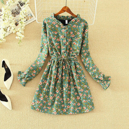New Spring Autumn Women Dress Velvet Floral Dress Long Sleeve Female Elastic Waist Shirt Dresses Party Vestidos Femme