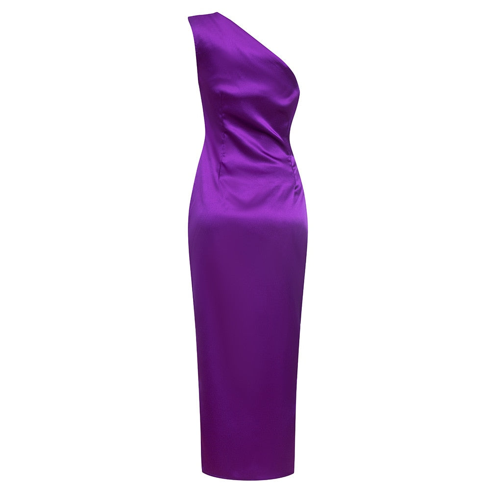 New Ladies Purple One Shoulder Sexy Skinny Draped Sleeveless Sequin Cutout High Slit Long Celebrity Party Dress
