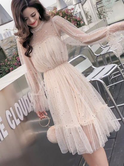New Female O-neck Stars Sequined Mesh Shiny Fairy Dress Women Elegant Bling Gauze Princess Puff Dresses Vestidos De Fiesta