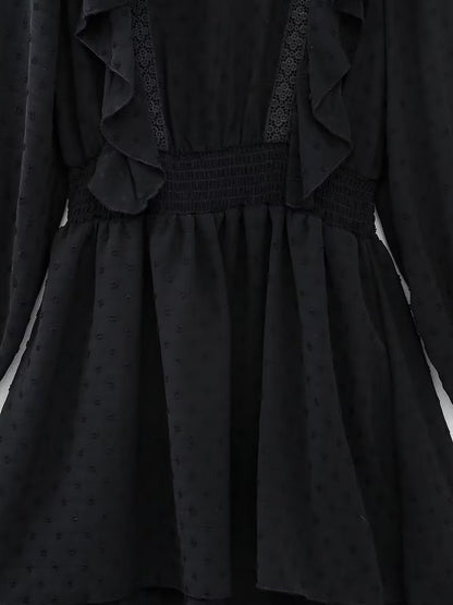 New Spring Women Ruffled Dotted Black  Dress Long Sleeve Elastic Waist Female Vintage Dresses Short Vestidos
