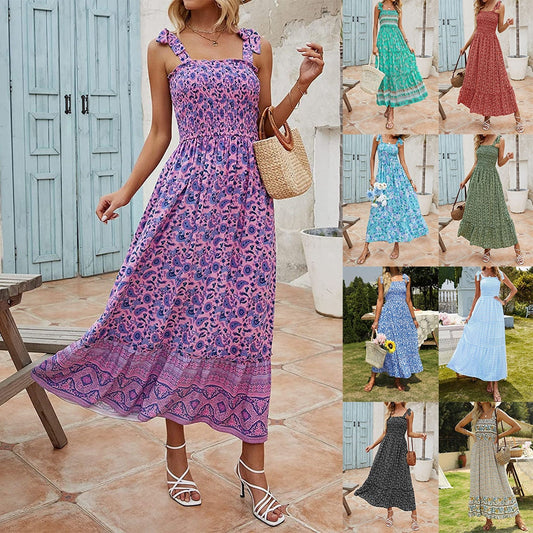 new European and American summer women's clothing  bohemian printed fashion dress  sling loose casual dress