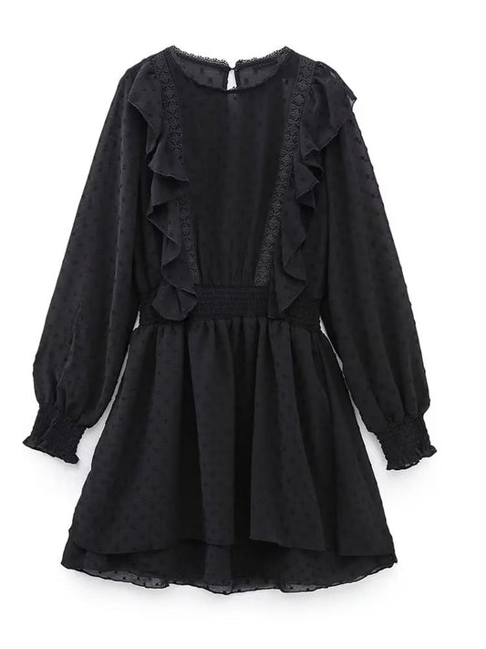New Spring Women Ruffled Dotted Black  Dress Long Sleeve Elastic Waist Female Vintage Dresses Short Vestidos