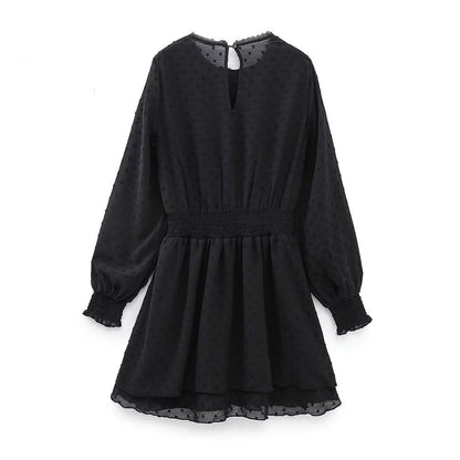 New Spring Women Ruffled Dotted Black  Dress Long Sleeve Elastic Waist Female Vintage Dresses Short Vestidos
